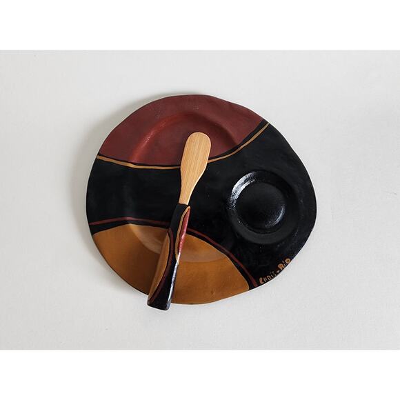 Chris-Rio Signed Ceramic Brie Cheese Plate & Spreader – Hand Painted - Picture 2 of 8
